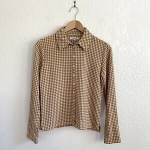Madewell Crinkle Slim Button-Up Shirt Mustard Brown White Plaid Long Sleeve Sz 0